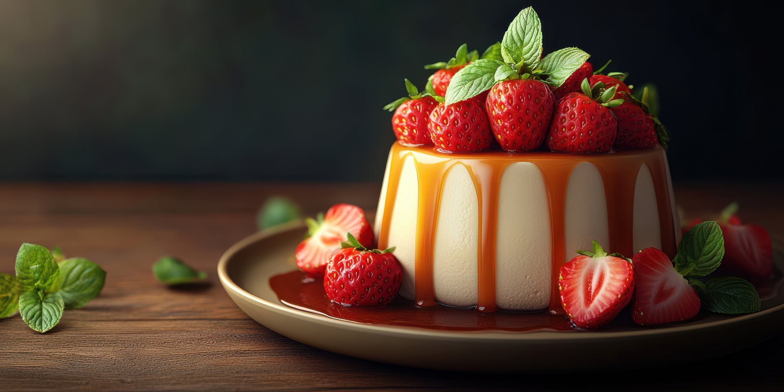 Decadent dessert presentation with fresh strawberries and mint on a wooden table at evening